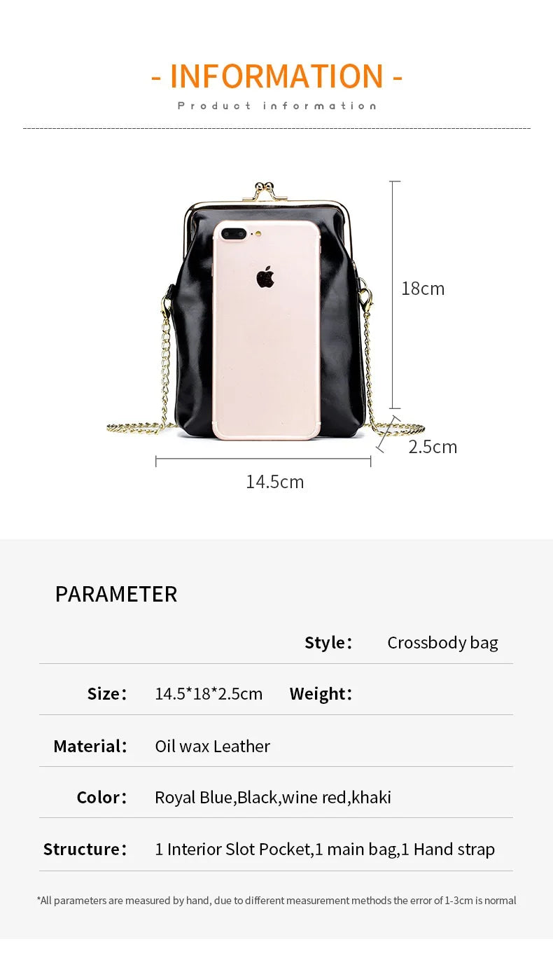 Vintage Genuine Leather Women Clip Bags Small Chain Crossbody Bag Fashion Kiss Lock Phone Bags High Quality Daily Purse Bag