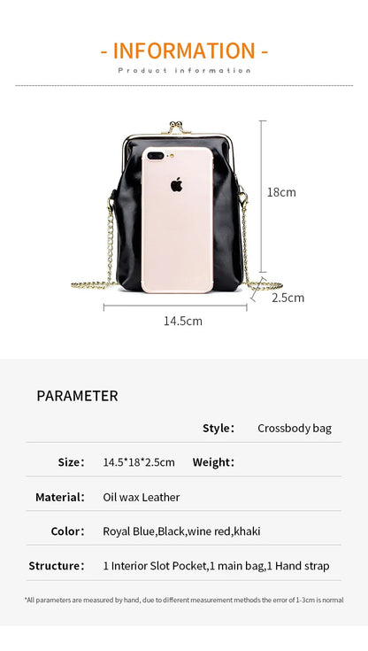 Vintage Genuine Leather Women Clip Bags Small Chain Crossbody Bag Fashion Kiss Lock Phone Bags High Quality Daily Purse Bag