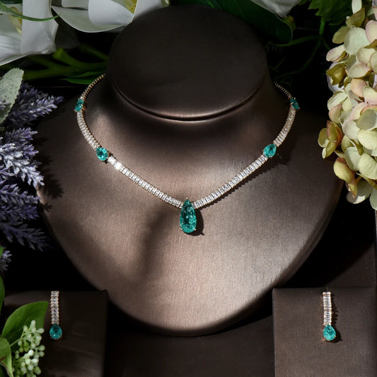 New Arrivial 2pcs Water Drop Multicolor Necklace and Earring Set Cubic Zirconia Nigeria Women Wedding Jewelry Sets N-394