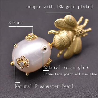 Bee And  With Natural Pearls Pearl Earrings 18K Gold Plated Jewelry Korean Designer Jewelry Earrings Gifts For Girlfriend