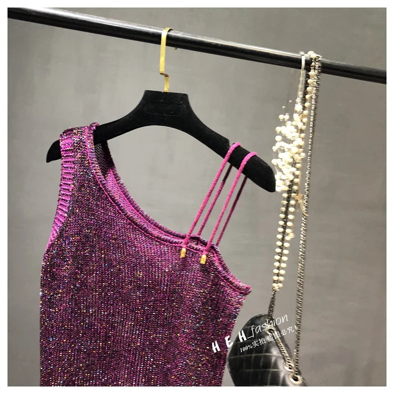Summer New Sexy Inclined Shoulder Joker Sweater Vest Show Thin Shiny Bright Silk Easy Ins Condole Top Female