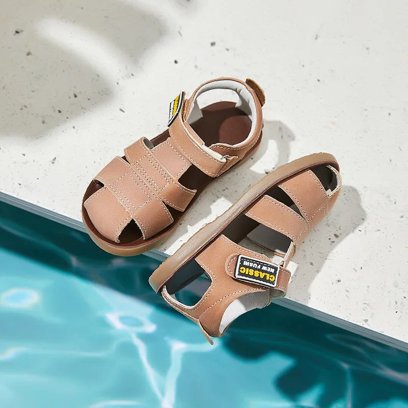 Children frosted genuine leather beach sandals boys barefoot non-slip sandals with cowhide lining baby soft Navy blue sandals