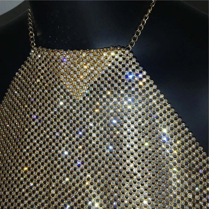 Fashion Summer Backless Tank Top Women Shiny Rhinestone Metal Sequins Halter Neck Camisole Rave Festival Party Crop Tops
