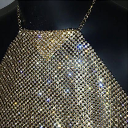 Fashion Summer Backless Tank Top Women Shiny Rhinestone Metal Sequins Halter Neck Camisole Rave Festival Party Crop Tops