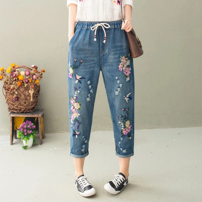 Summer Women Vintage Floral Loose Denim Pants Chinese Style Casual Ripped Blue Jeans Holes Elastic Harem Trousers