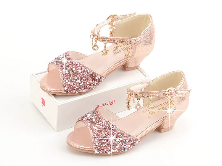 Girls Sandals Children Crystal Shoes 2023 Summer Kids Glitter Shoes High Heels Sequined Rhinestone Pendants Open Toes Princess