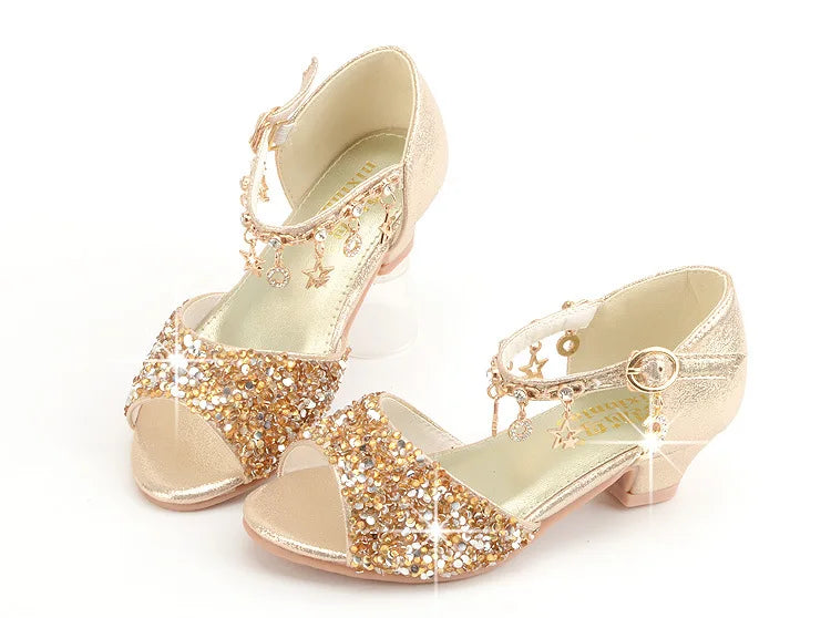 Girls Sandals Children Crystal Shoes 2023 Summer Kids Glitter Shoes High Heels Sequined Rhinestone Pendants Open Toes Princess