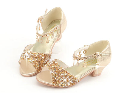 Girls Sandals Children Crystal Shoes 2023 Summer Kids Glitter Shoes High Heels Sequined Rhinestone Pendants Open Toes Princess