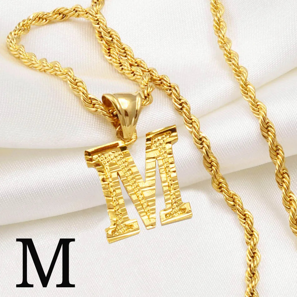 A-Z Letters Necklaces Women Men Gold Plated Initial Pendant Rope Chain English Letter Jewelry Alphabet African #058002B
