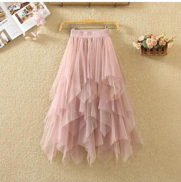 Women Sweet  Midi Spring And Summer High Waist Solid Asymmetrical Elegant Chic White Mesh Tulle Skirts Faldas