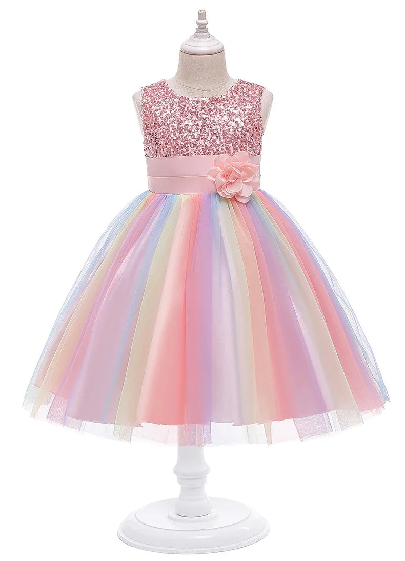 3-12T Sequins Girls  Perform Prom Dress Rainbow Little Princess Piano Banquet Formal Gala Clothes Wedding Sequins Evening Dress