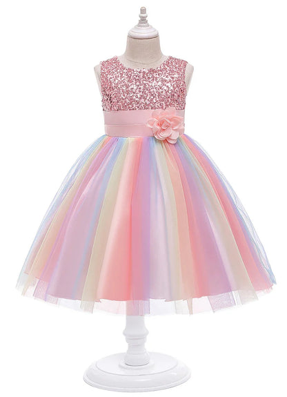 3-12T Sequins Girls  Perform Prom Dress Rainbow Little Princess Piano Banquet Formal Gala Clothes Wedding Sequins Evening Dress