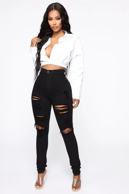 Black Ripped Jeans For Womens High Waist Denim Pencil Pants