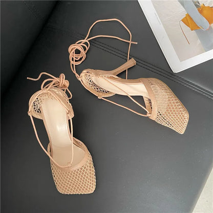 Fashion Hollow Breathable Mesh Square Toe Stiletto High Heels Women Pumps Ankle Lace-Up Elegant Dress Ladies Shoes