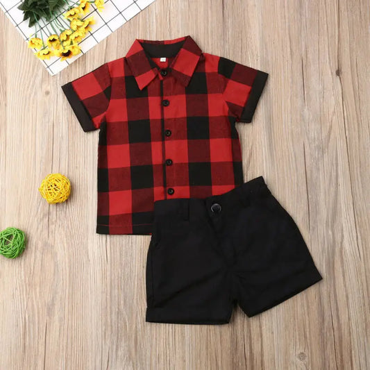 1-5Y Summer Toddler Kids Baby Boy Sets Gentleman Clothes Red Plaid Shirt Tops Shorts Pants Formal Outfit