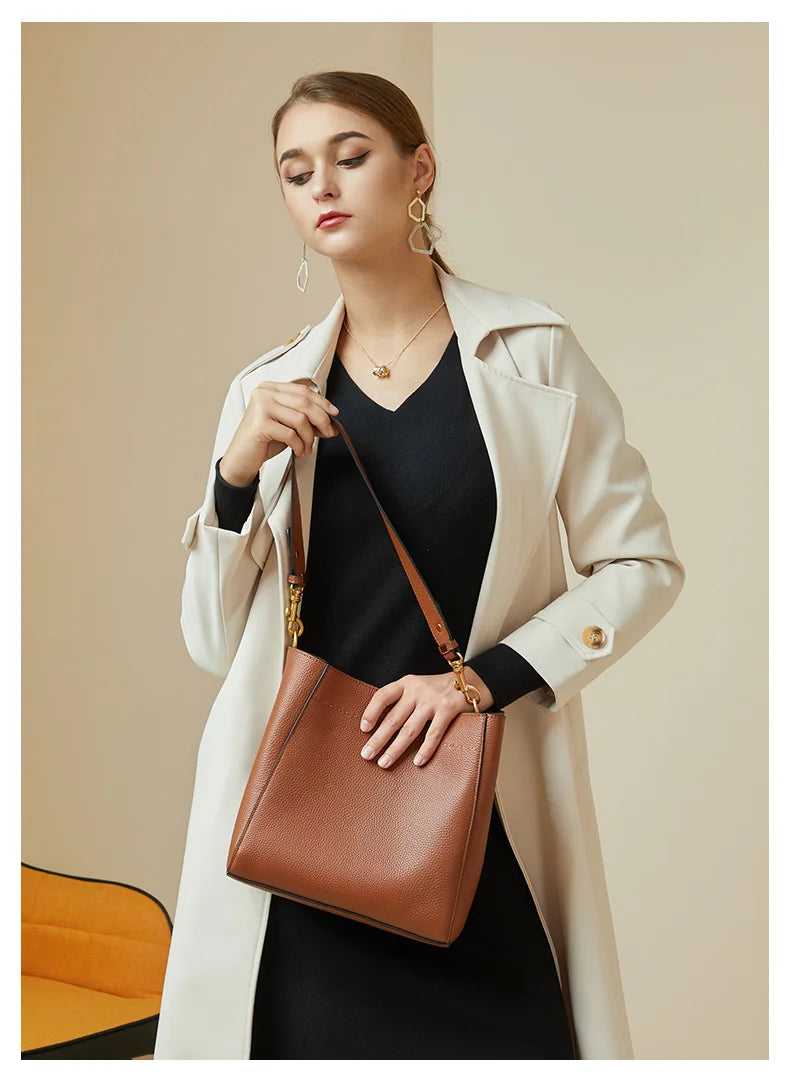 Genuine Leather Casual Shopper Shoulder Bag Commuter Large Bucket Handbag Simple High Quality Women Tote Underarm Bags