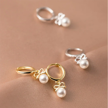 925 Sterling Silver Cute Butterfly Synthetic Pearl Pendant Drop Earrings Fashion Charm Gold Plated Huggies Jewelry Women