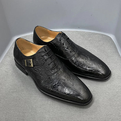 2022 Classic Men Oxford Dress Shoes Real Leather Flower Print Cap Toe Lace Up Buckle Blue Wedding Party Formal Footwear for Men