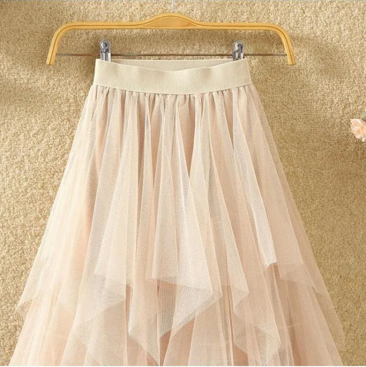 Women Sweet  Midi Spring And Summer High Waist Solid Asymmetrical Elegant Chic White Mesh Tulle Skirts Faldas