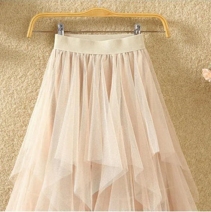 Women Sweet  Midi Spring And Summer High Waist Solid Asymmetrical Elegant Chic White Mesh Tulle Skirts Faldas
