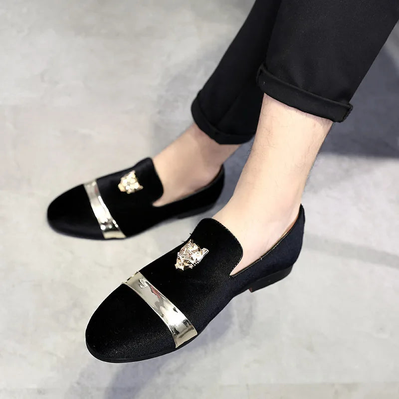 Men dress shoes Wedding Party shoes Loafers Fashion Tiger Gold metal Men Flats