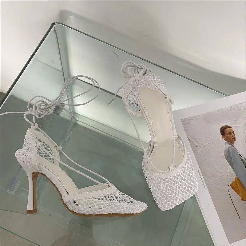 White Hollow Mesh Woman Pumps Sandals Square Toe High Heel Ankle Lace Up Cross-tied Party Dress Female Shoes