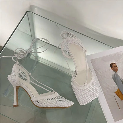 White Hollow Mesh Woman Pumps Sandals Square Toe High Heel Ankle Lace Up Cross-tied Party Dress Female Shoes