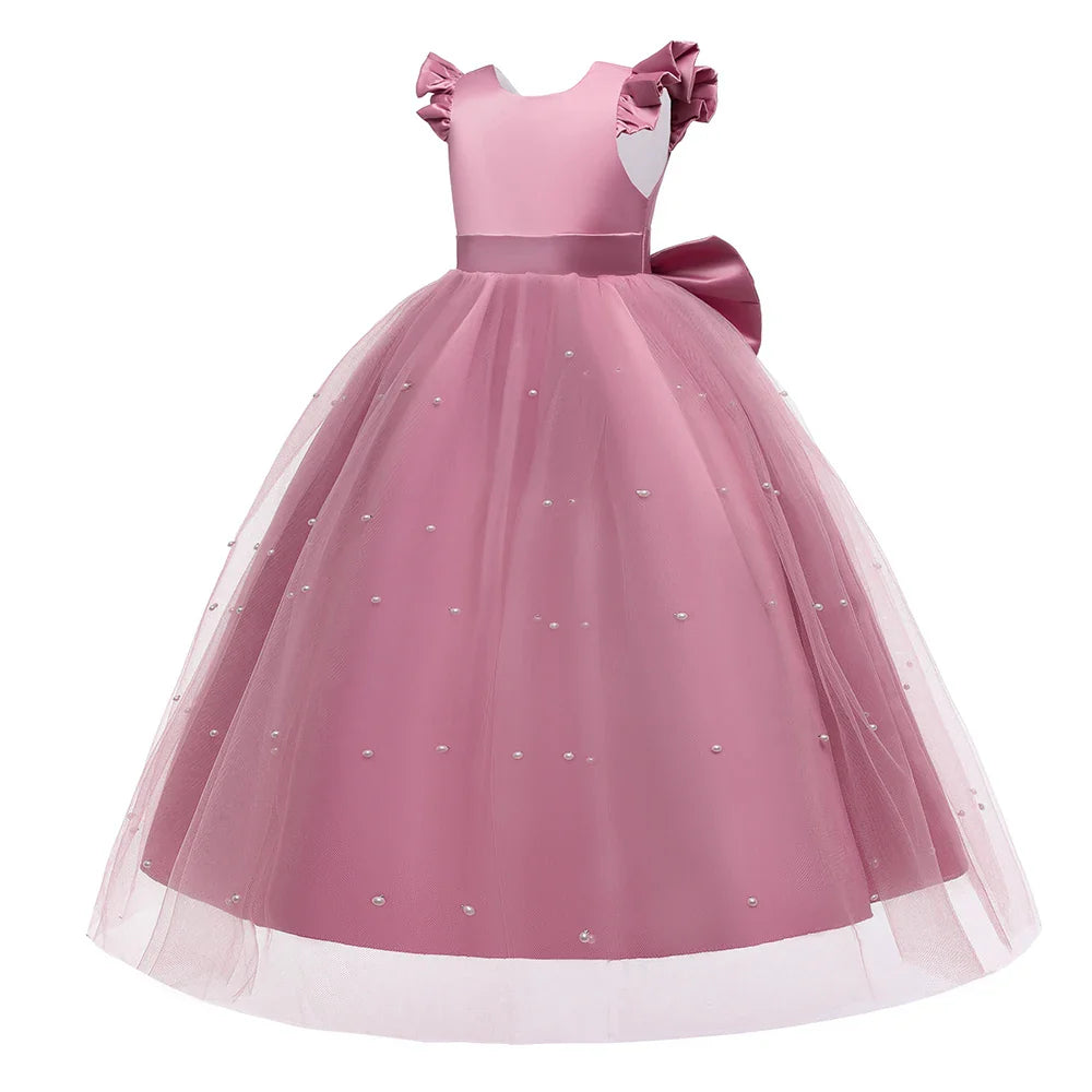 Teen Big Bow Girls Princess Dresses for Bridesmaids Kids Party Dress for Girl Beading Wedding Prom Pageant Dress Gown 5-14 Years