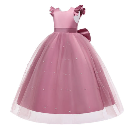 Teen Big Bow Girls Princess Dresses for Bridesmaids Kids Party Dress for Girl Beading Wedding Prom Pageant Dress Gown 5-14 Years