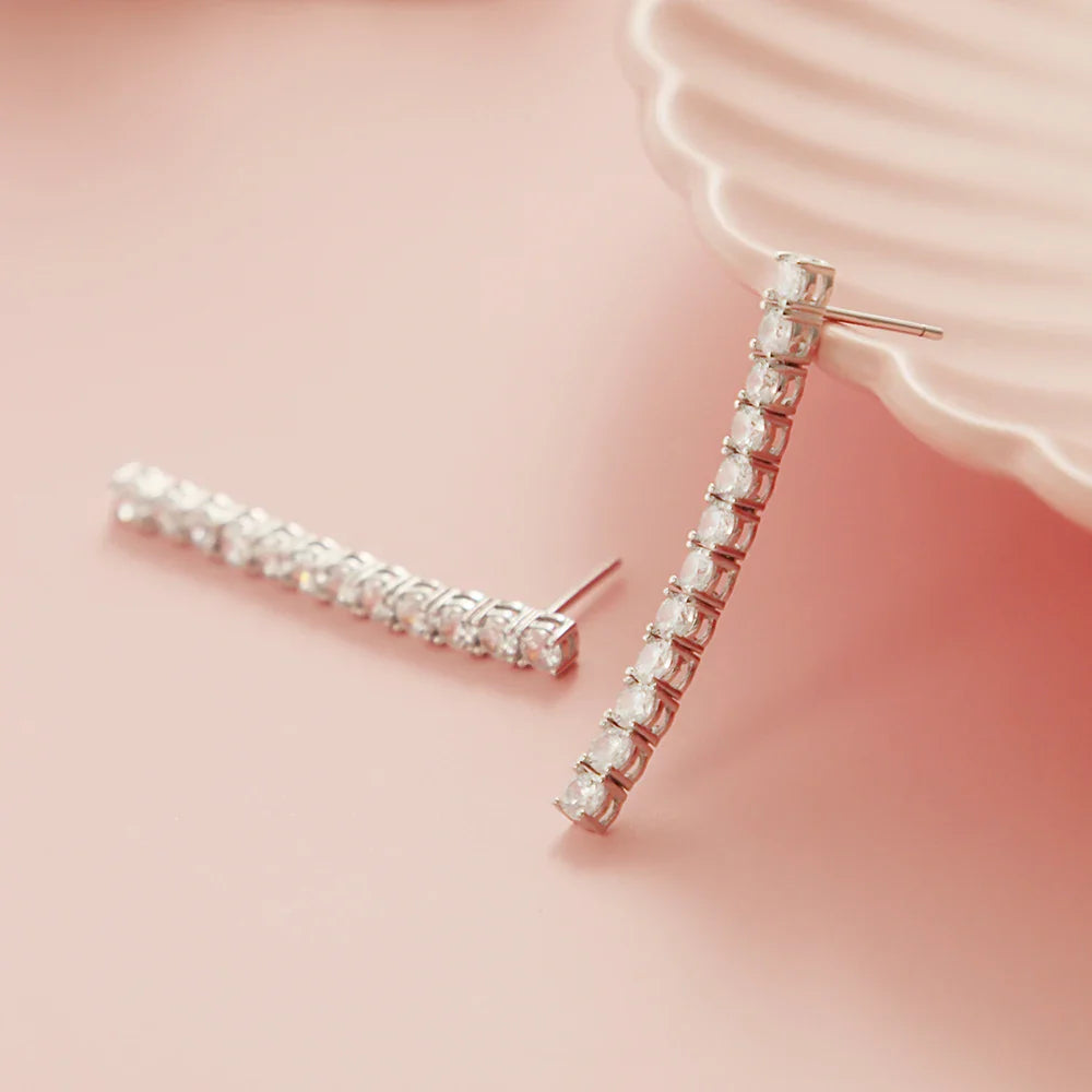 Real Sterling Silver 3mm Round Cubic Zirconia 38mm Height Dangle Design Solid 925 Metal Jewelry Tennis Earrings