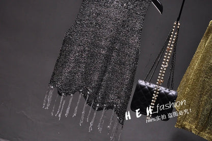 Sexy Shiny Gold Silver Knitted Tank Tops Women Bling Bling Sequined Tassels Knitted Vest  All Neon Store Clothes  Korean