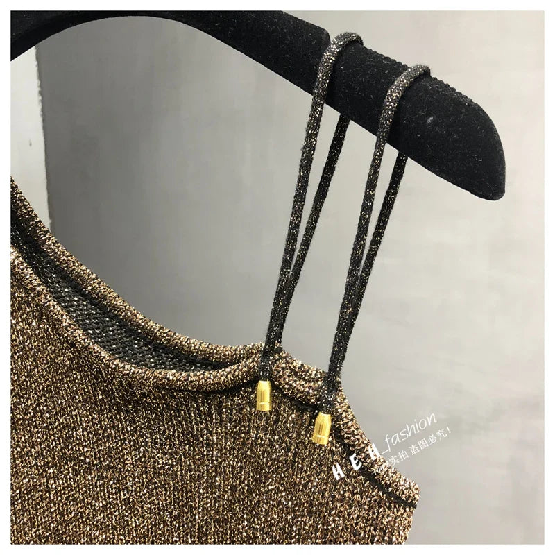 Summer New Sexy Inclined Shoulder Joker Sweater Vest Show Thin Shiny Bright Silk Easy Ins Condole Top Female