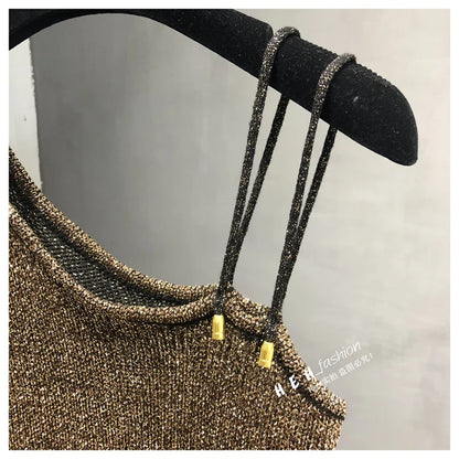 Summer New Sexy Inclined Shoulder Joker Sweater Vest Show Thin Shiny Bright Silk Easy Ins Condole Top Female