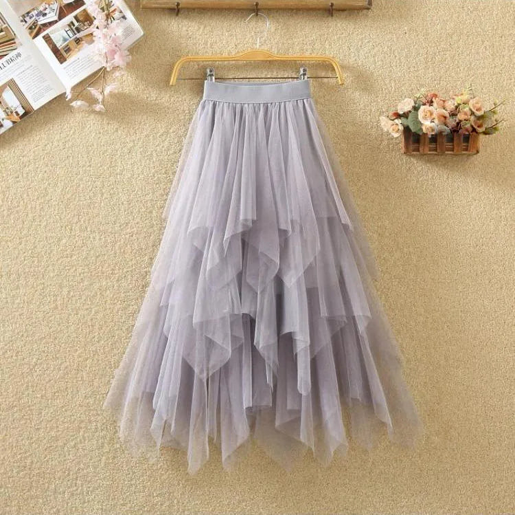 Women Sweet  Midi Spring And Summer High Waist Solid Asymmetrical Elegant Chic White Mesh Tulle Skirts Faldas