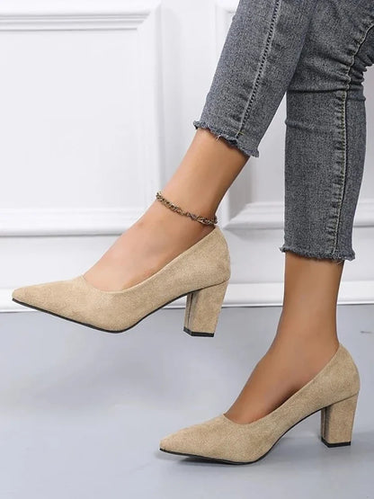 2025 New 7cm Chunky Heels Women Pumps Shoes Students And Mom Beige Suede Wedding Party Leisure Square Heels Plus Size