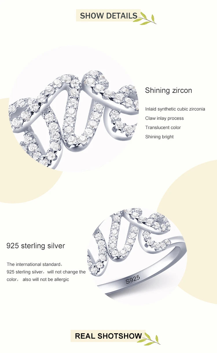 Fashion 925 Sterling Silver Clear Zircon Romantic LOVE Finger Ring For Women Wedding Statement Fine Silver Jewelry