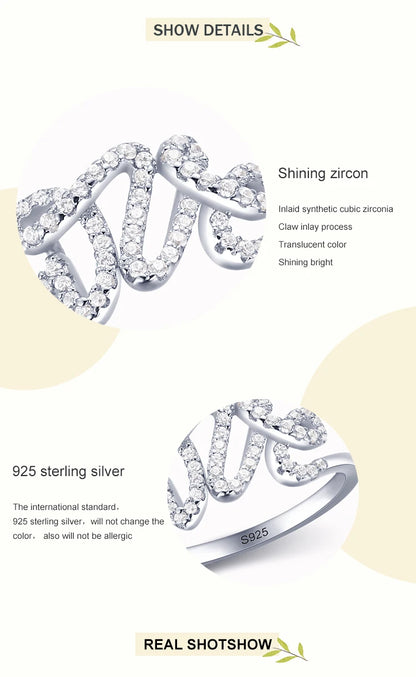Fashion 925 Sterling Silver Clear Zircon Romantic LOVE Finger Ring For Women Wedding Statement Fine Silver Jewelry