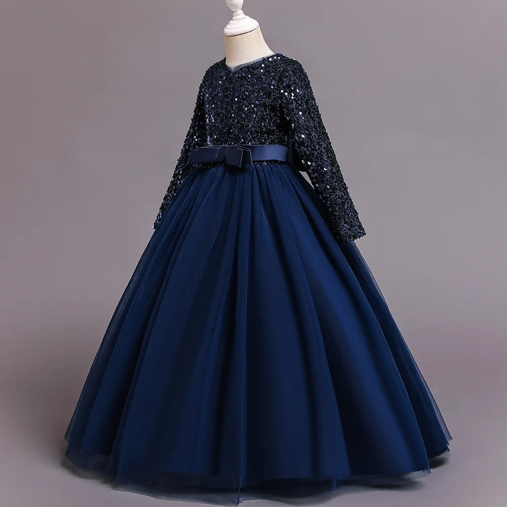 Princess Mesh Dress 4-14y Girl Christmas Winter Party Clothing Kids Sequin Wedding Dresses Children Spring Autumn Prom Costume