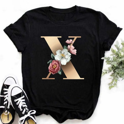 A B C D E English Alphabet Print T Shirt Women New Summer Couples Lovers Female T-Shirt Harajuku Casual Black Tops Tshirts