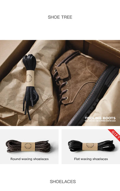Men Vintage Split Suede Fleece-lined Boots Brown High-Top Work Boots Lace-Up Desert Ankle Rugged Sole Boots Outdoor Shoes