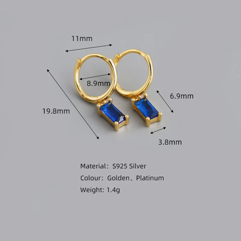 925 Sterling Silver Colorful Square Shiny Zircon Beads Piercing Stud Earrings for Women Fashion Gothic Exquisite Jewelry