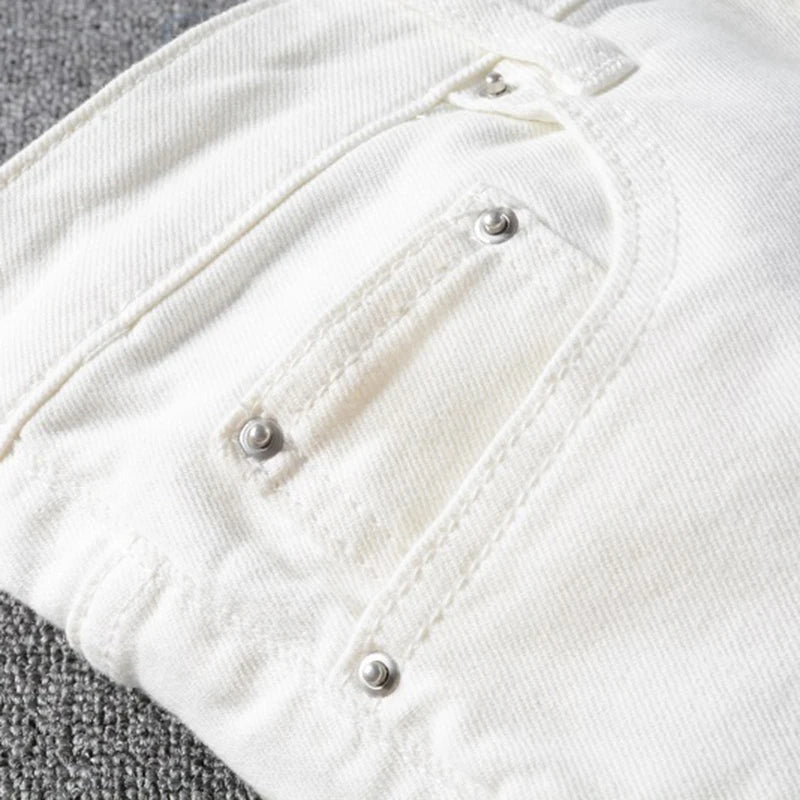Men's White Crystal Holes Ripped Jeans Fashion Slim Skinny Rhinestone Stretch Denim Pants