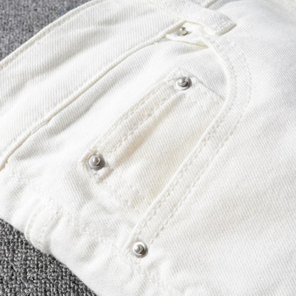 Men's White Crystal Holes Ripped Jeans Fashion Slim Skinny Rhinestone Stretch Denim Pants