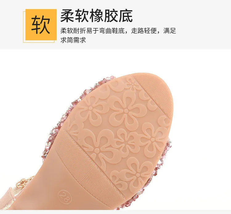 Girls Sandals Children Crystal Shoes 2023 Summer Kids Glitter Shoes High Heels Sequined Rhinestone Pendants Open Toes Princess