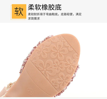 Girls Sandals Children Crystal Shoes 2023 Summer Kids Glitter Shoes High Heels Sequined Rhinestone Pendants Open Toes Princess