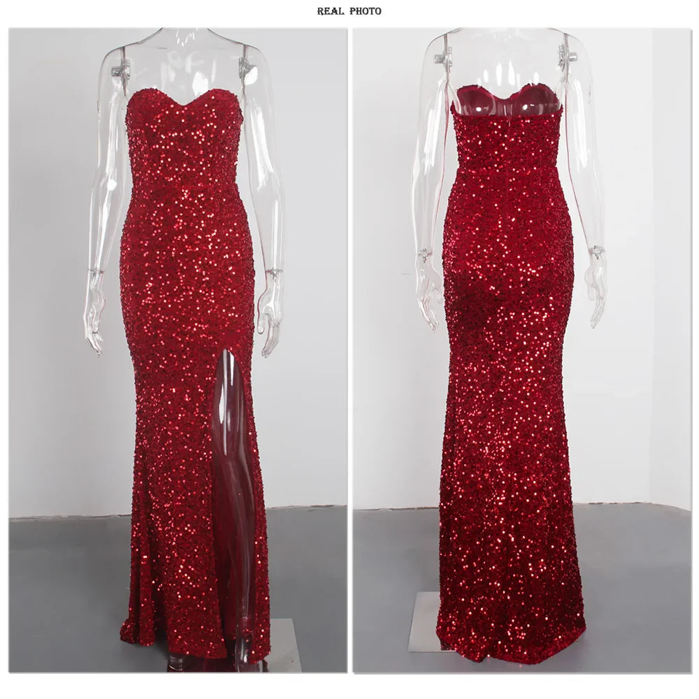 Red Sequin Strapless Cocktail Prom Dresses Stretch Velvet Sexy Slit Leg Paded Backless Mermaid Formal Evening Dress 2025