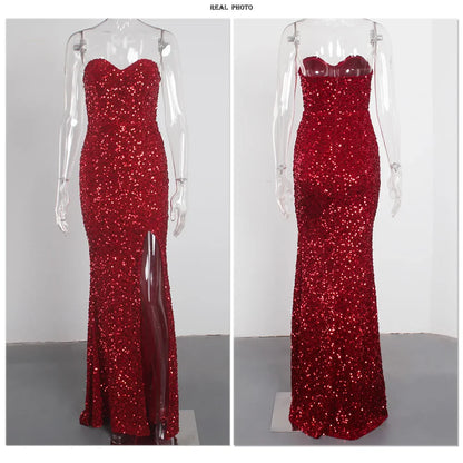 Red Sequin Strapless Cocktail Prom Dresses Stretch Velvet Sexy Slit Leg Paded Backless Mermaid Formal Evening Dress 2025