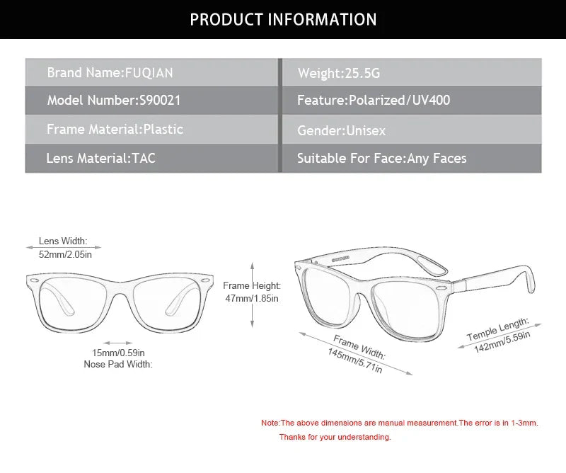 Polarized Sunglasses Men Women Classic Square Plastic Driving Sun Glasses Male Fashion Black Travelling Shades UV400