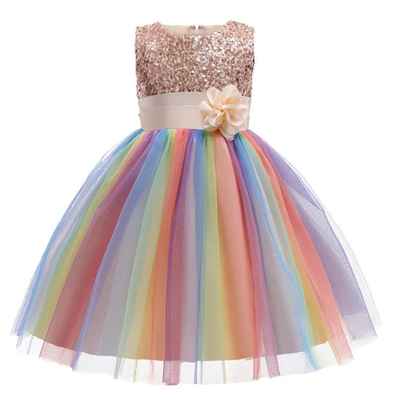 3-12T Sequins Girls  Perform Prom Dress Rainbow Little Princess Piano Banquet Formal Gala Clothes Wedding Sequins Evening Dress
