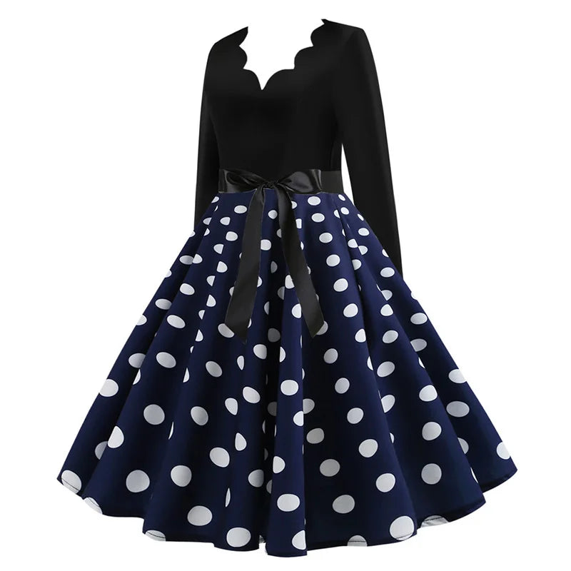 Women Vintage Long Sleeve Polka Dot Dress Spring Autumn New Year Party Dresses 3XL Black Vestidos